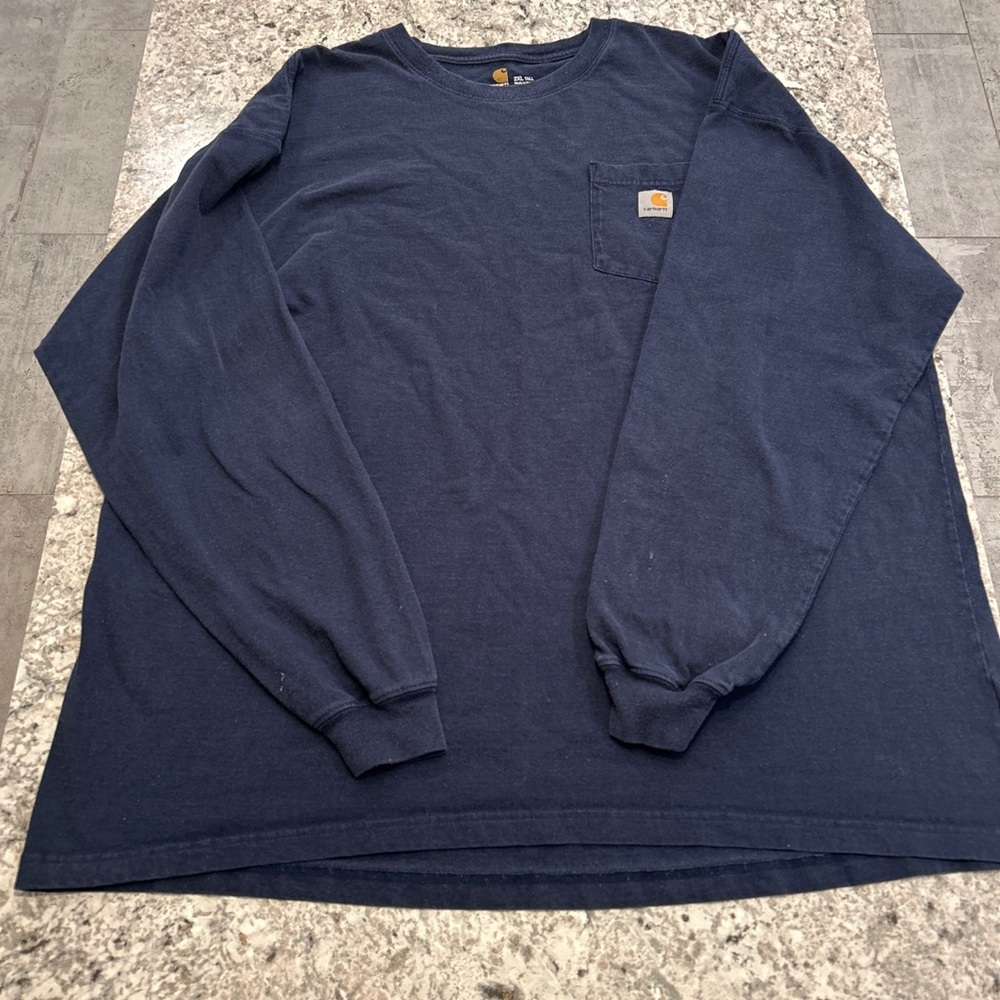 Beautiful Carhartt Mens Blue Faded Long Sleeve Pocket T-Shirt Size 2XL Tall